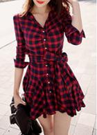 Rosewe Plaid Print Button Closure Red High Low Dress