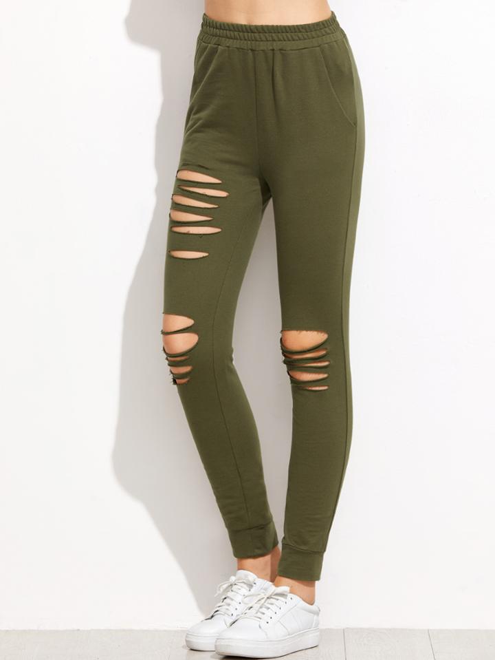 Shein Olive Green Ripped Sweatpants