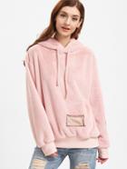Shein Pink Hooded Patches Ribbon Detail Fuzzy Sweatshirt