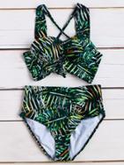 Shein Green Tropical Print Bustier Cross Back Bikini Set