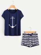 Shein Anchor Print Tee And Striped Shorts Pajama Set