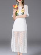 Shein White Applique Pouf Pleated Lace Dress