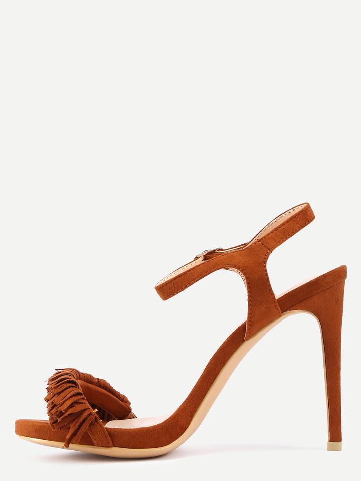 Shein Faux Suede Tasselled Strap Heeled Sandals - Camel