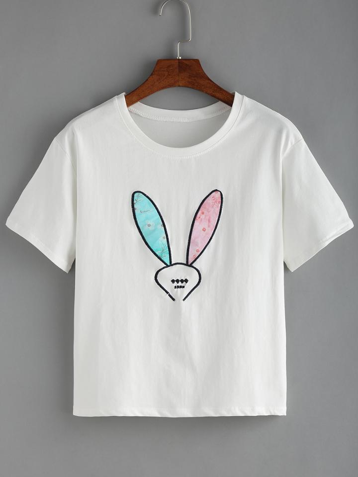 Shein Abstract Bunny Embroidered T-shirt