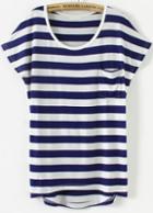 Shein Royal Blue Short Sleeve Striped Pocket T-shirt