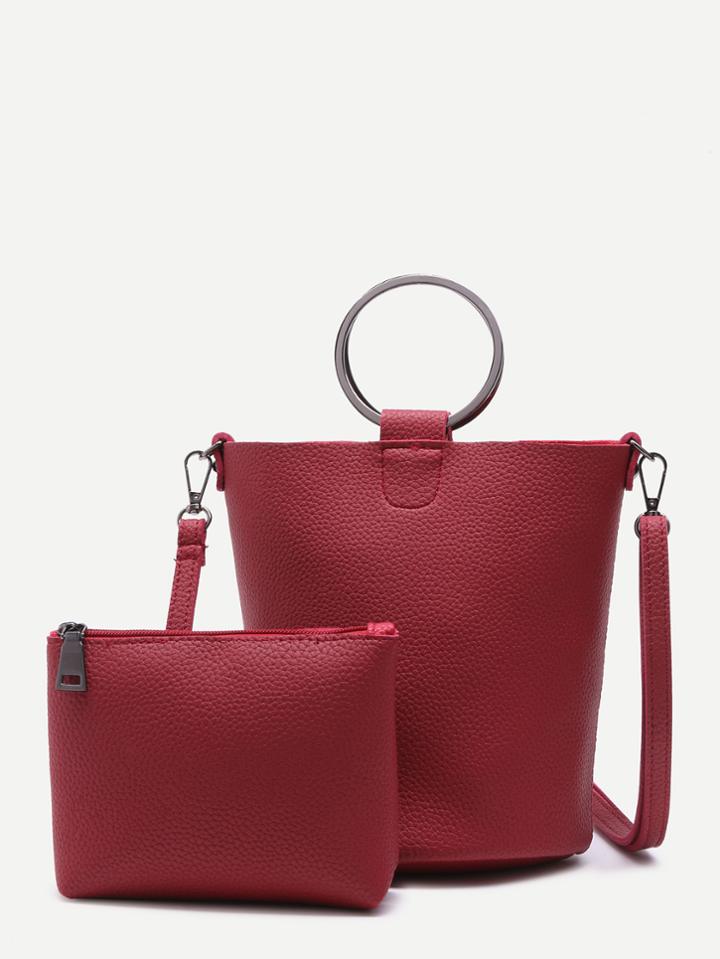 Shein Burgundy Pebbled Pu Metal Ring Shoulder Bag With Clutch