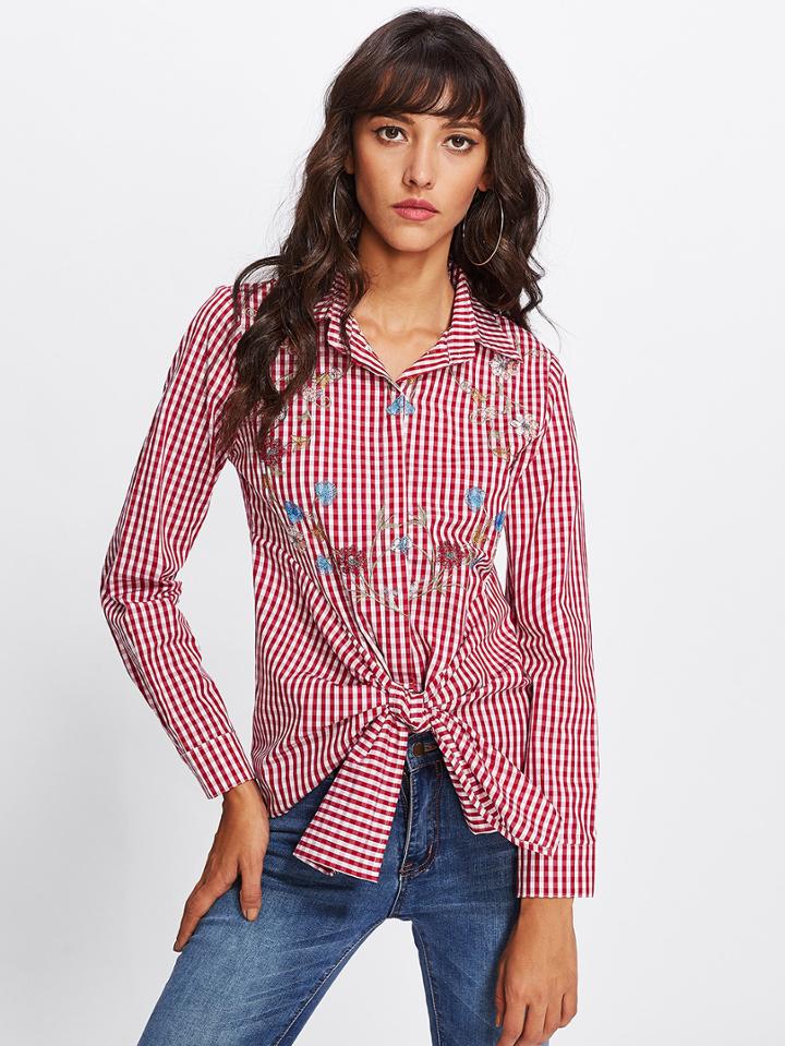Shein Tie Front Flower Embroidered Gingham Blouse