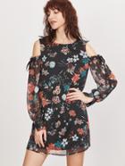 Shein Black Flower Print Cold Shoulder Cuffed Sleeve Keyhole Back Dress