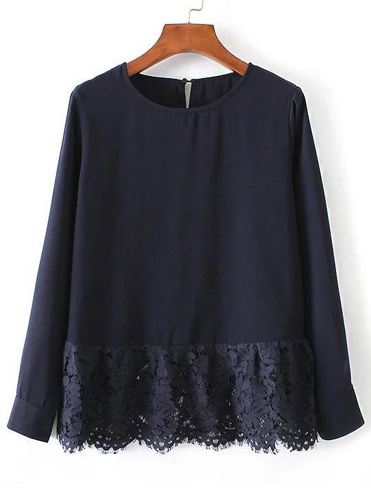 Shein Navy Contrast Lace Hem Blouse