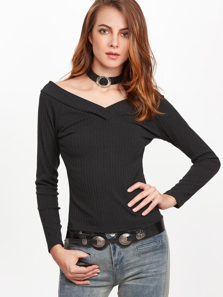 Shein Black Double V Neck Ribbed Tight T-shirt