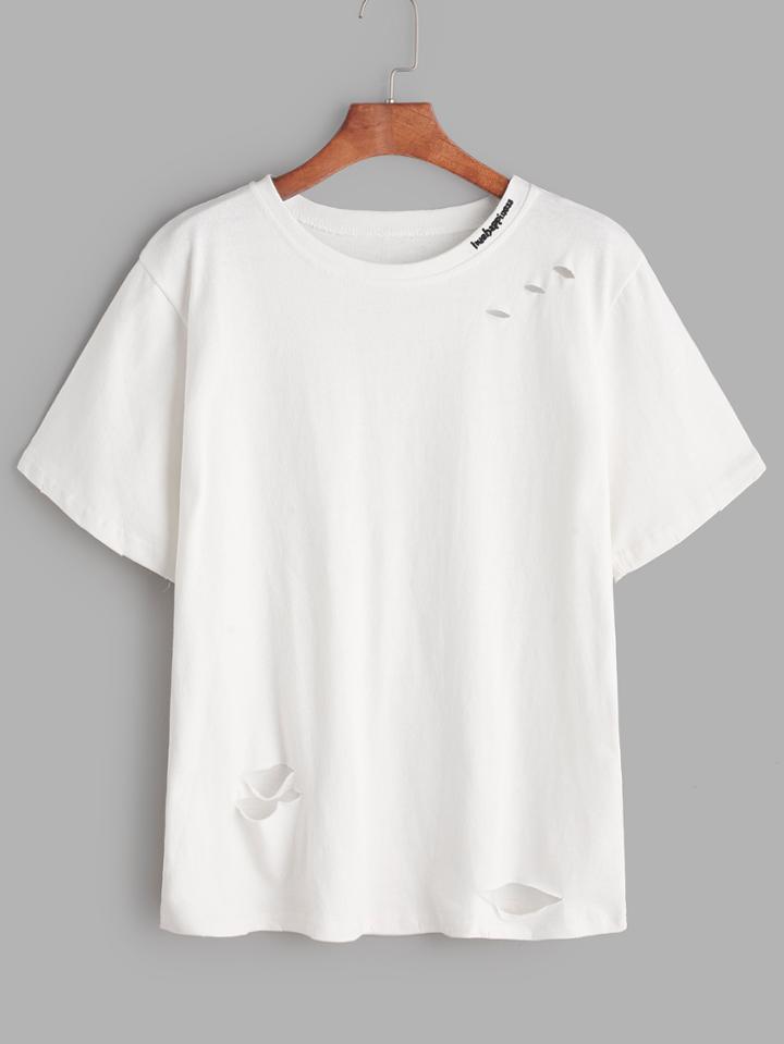 Shein Letter Embroidered Ripped Tee