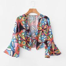 Shein Knotted Front Flounce Sleeve Crop Blouse