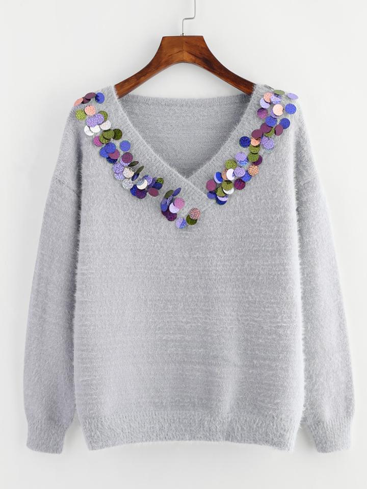 Shein Sequin Detail Drop Shoulder Fuzzy Jumper