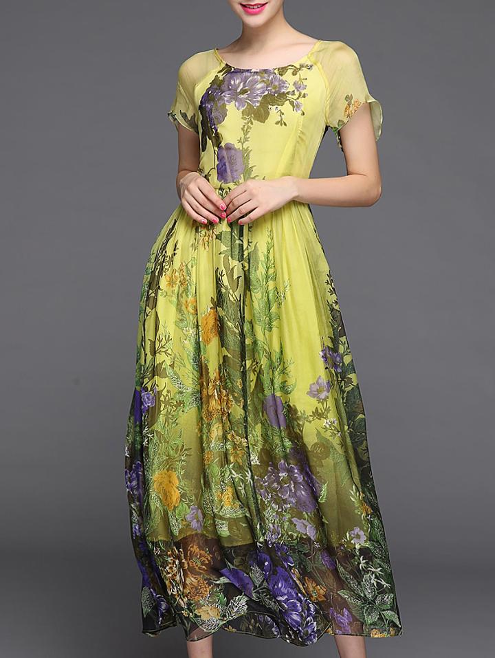 Shein Yellow Round Neck Short Sleeve Print Dress