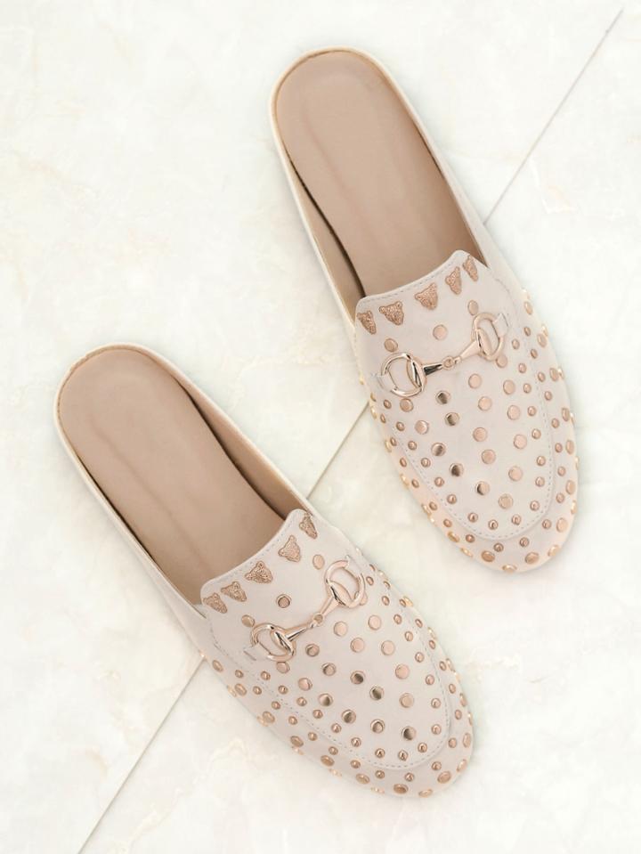 Shein White Gold Stud Embellished Slip-on Loafers