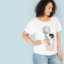Shein Plus Girl And Cat Print Tee