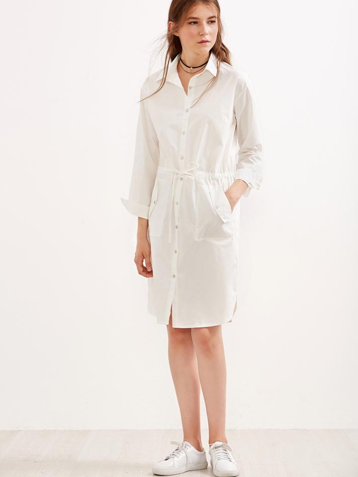 Shein White Drawstring Button Front Slit Side Shirt Dress