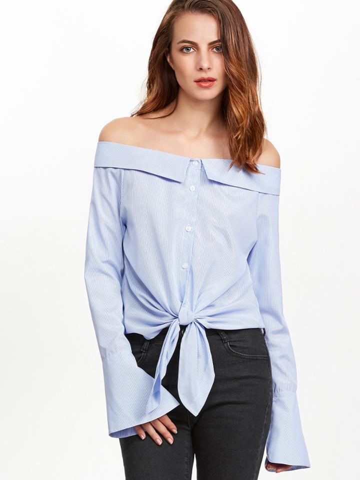 Shein Blue Striped Knot Front Bell Cuff Off The Shoulder Blouse
