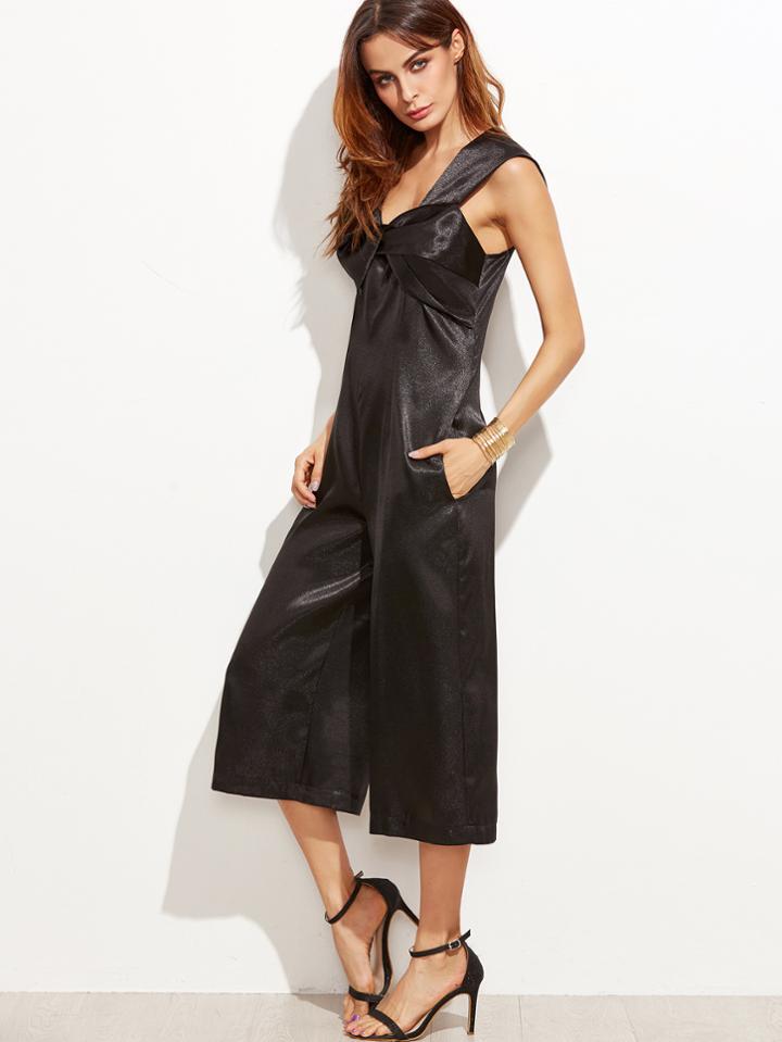 Shein Black Twist Bow Front Wide Leg Jumpsuit