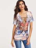 Shein Multicolor Printed Deep V Neck Lace Up T-shirt