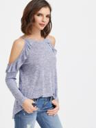Shein Blue Marled Ruffle Cold Shoulder T-shirt