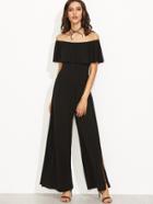 Shein Black Ruffle Off The Shoulder High Slit Jumpsuit