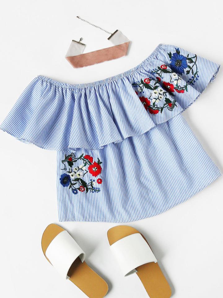 Shein Flounce Off Shoulder Embroidered Striped Top