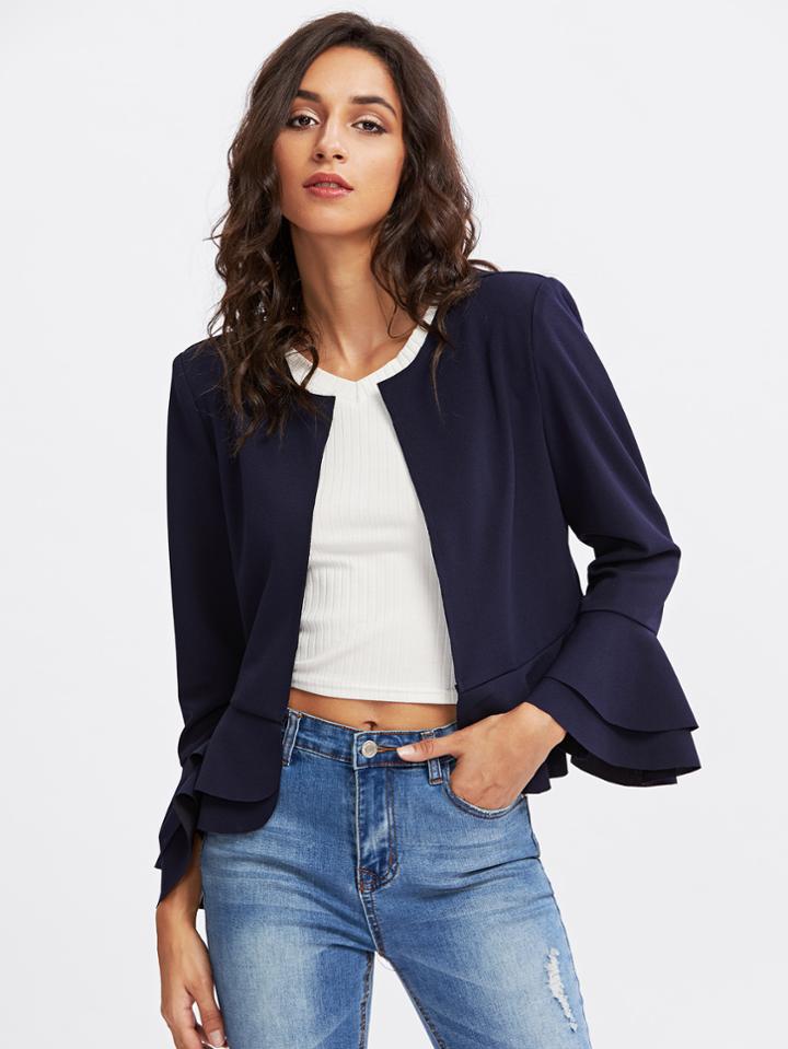 Shein Layered Ruffle Cuff And Hem Open Front Blazer