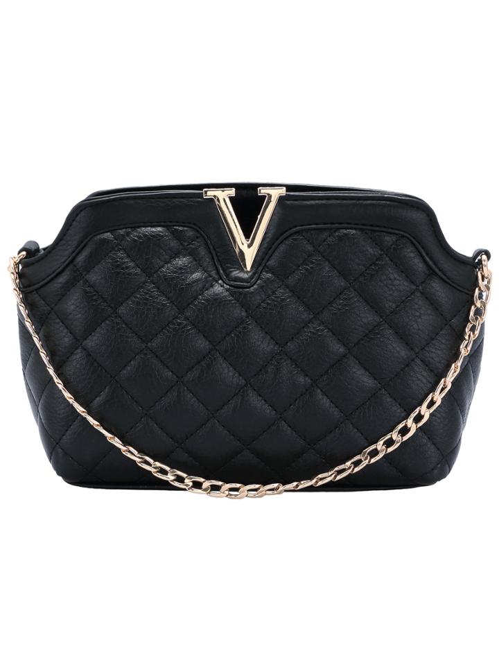 Shein Black Diamond Patterned Metal V Shoulder Bag