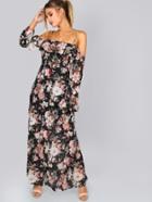 Shein Cut Out Shoulder Floral Frill Maxi Dress Black Multi