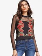 Shein Mesh Shoulder Keyhole Back Rose Patch T-shirt
