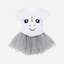 Shein Girls Smiley Print Tee With Mesh Skirt