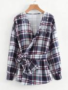 Shein Faux Pearl Surplice Plaid Blouse With Belt