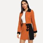 Shein Colorblock Jacket And Bow Detail Split Skirt Set