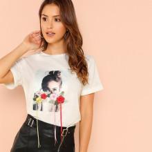 Shein Flower Applique Figure Print T-shirt