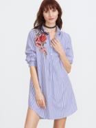 Shein Blue And White Striped Embroidered Rose Applique Shirt Dress
