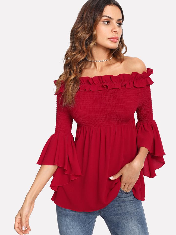 Shein Ruffle Trim Smocked Bardot Top