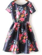 Shein Black Round Neck Floral Skater Dress