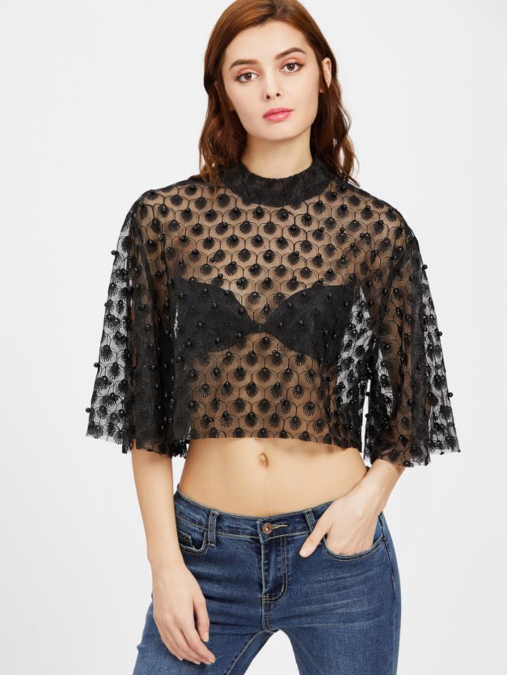 Shein Elbow Sleeve Beaded Embellished Crop Top