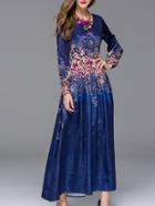 Shein Navy Round Neck Long Sleeve Print Tie-waist Dress