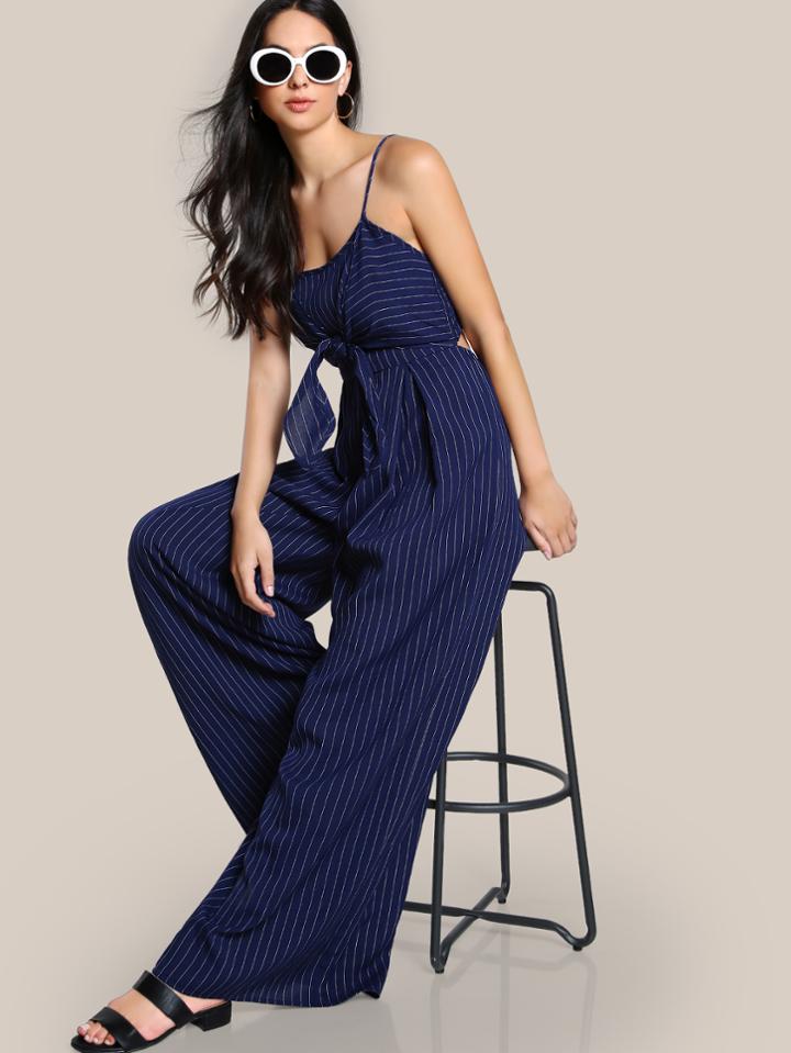 Shein Tie Front Shirred Back Pinstripe Jumpsuit