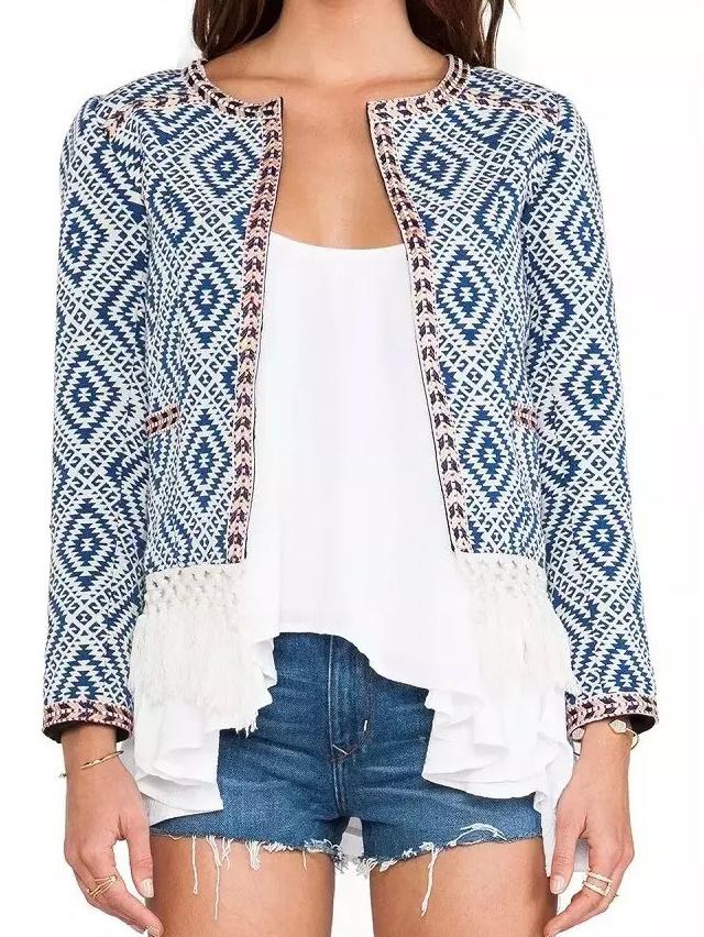 Shein Blue Long Sleeve Geometric Print Tassel Crop Coat