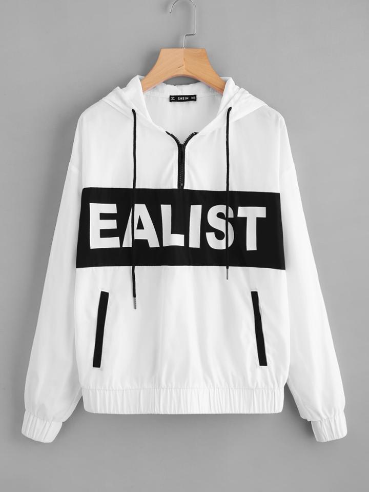 Shein Letter Print Quarter Zip Drop Shoulder Hoodie