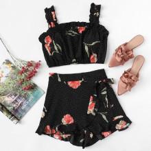 Shein Frill Trim Crop Top & Wrap Shorts Set