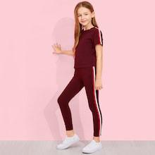 Shein Girls Solid Striped Trim Tee & Pants Set