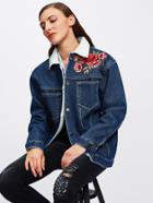 Shein Rose Embroidered Patch Shearling Lined Jacket