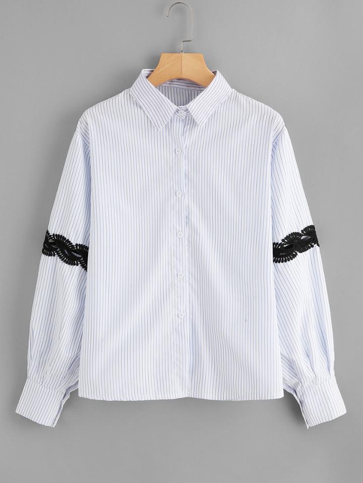 Shein Contrast Lace Pinstriped Shirt