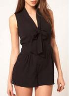 Rosewe Solid Black Sleeveless Above Knee Rompers For Women