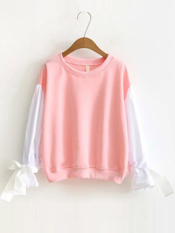 Shein Pink Color Block Sweatshirt With Bow Tie