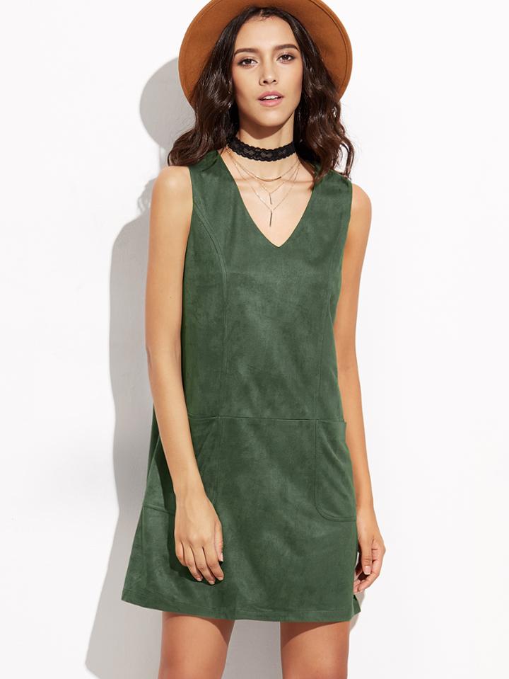 Shein Green Faux Suede Tank Dress With Pocket